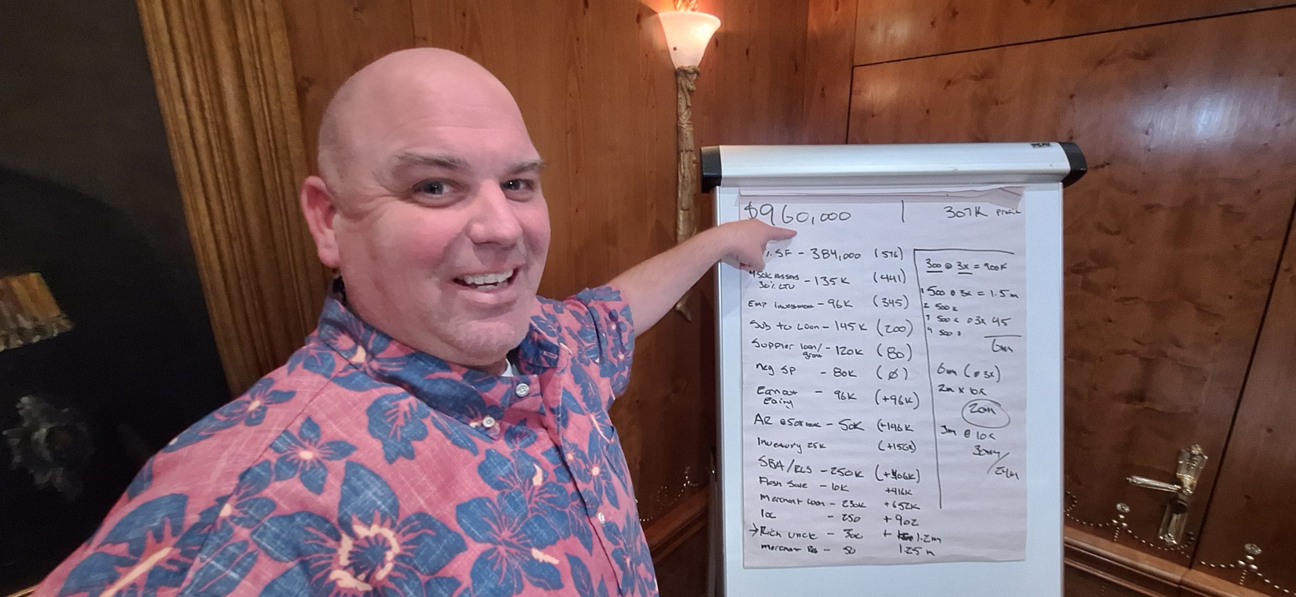 Scott Sylvan Bell speaking at Roland Frasier's EPIC program in the Pinafore Room at The Savoy London October 2024 — whiteboard showing live acquisition criteria and deal flow math
